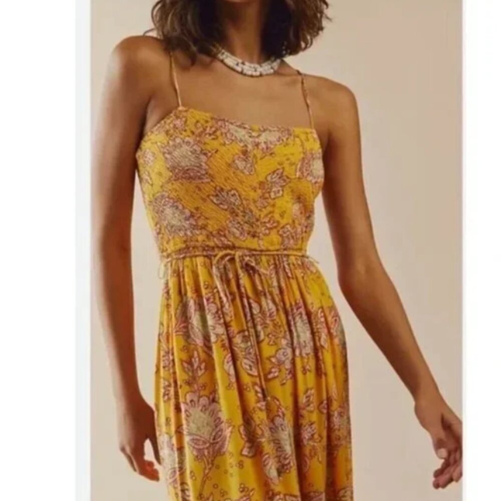 Free People:  Flowy Floral Smocked Jumpsuit, Size XS, Golden Yellow - Picture 3 of 11